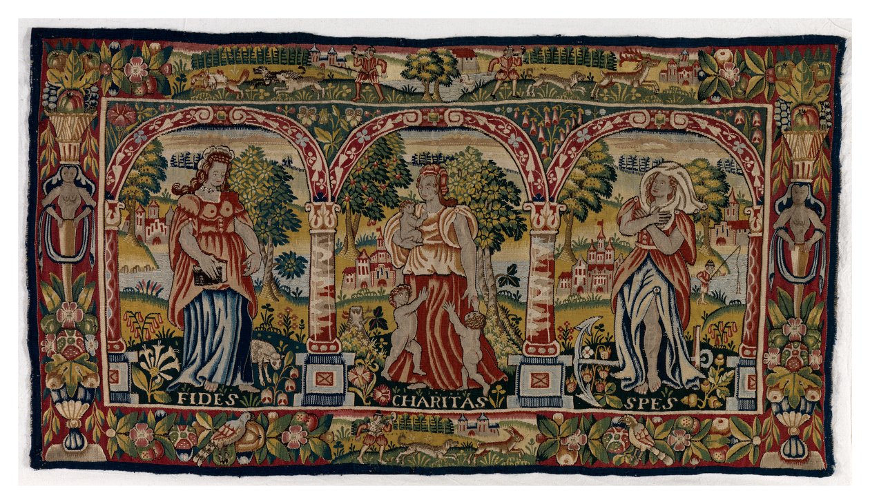 Tapestry long cushion depicting Faith, Hope and Charity
