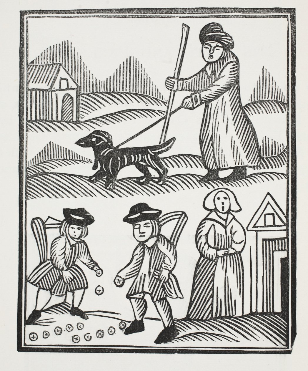 The Beggar Travelling with his Dog, Brings home good store of Wealth to prog, With which he does outvie the Knight, And weds his Child to her delight (illustration) by English School