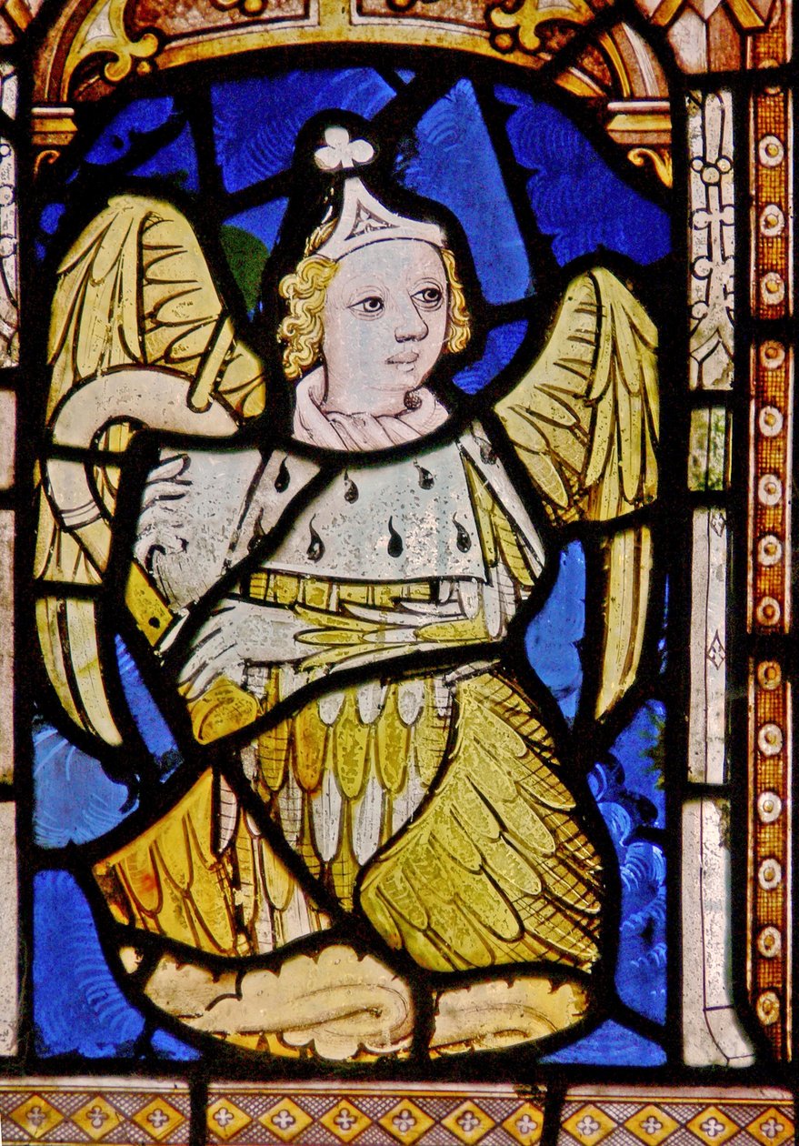 The East window depicting a musician angel with cornamuse by English School