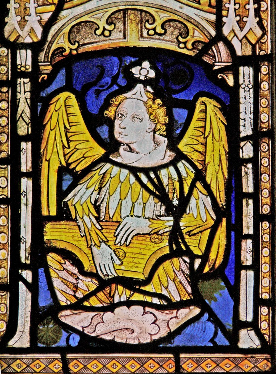 The East window depicting a musician angel with zither by English School
