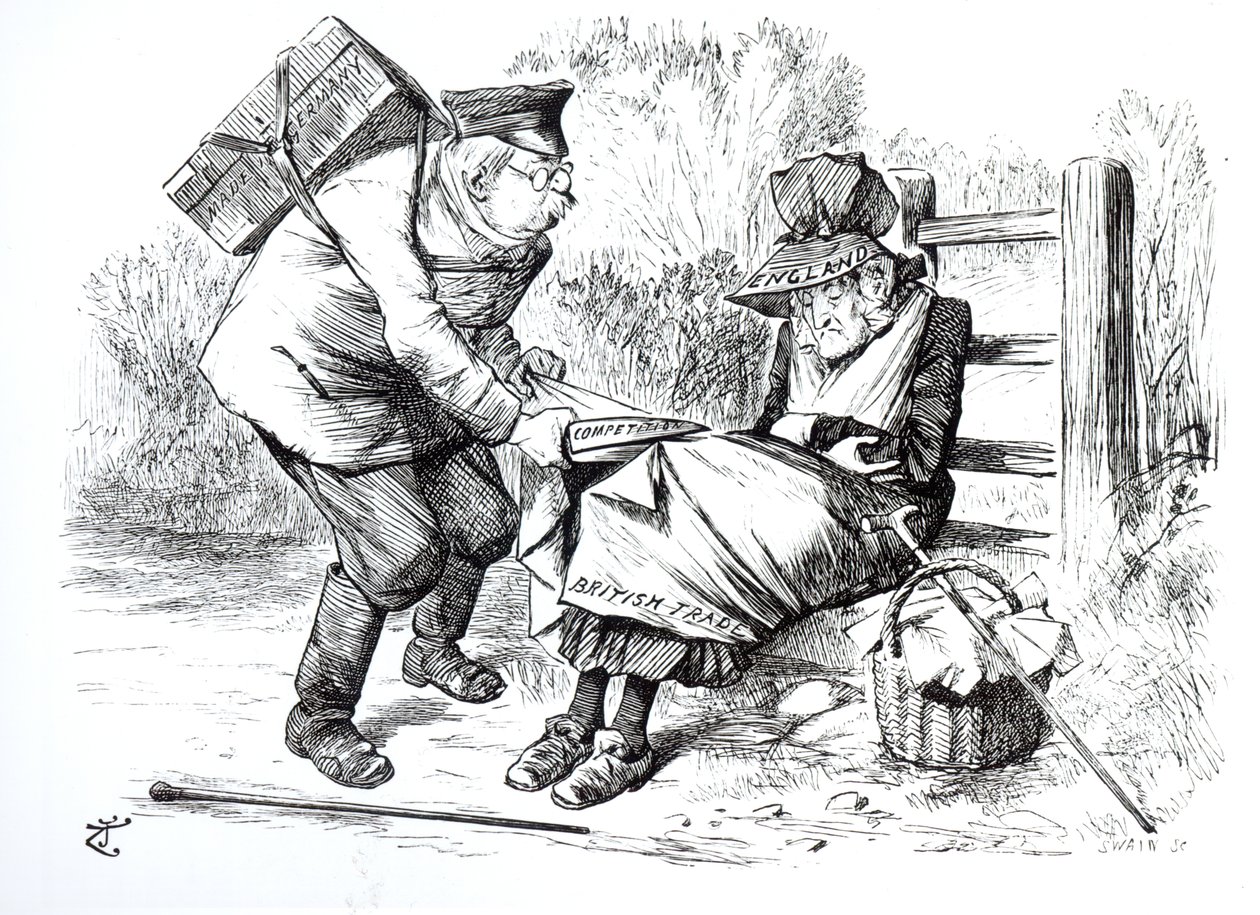 The German Commercial Traveller stealing market shares from the British trade, caricature from Punch, The London Charivari, 5th September 1896 by English School