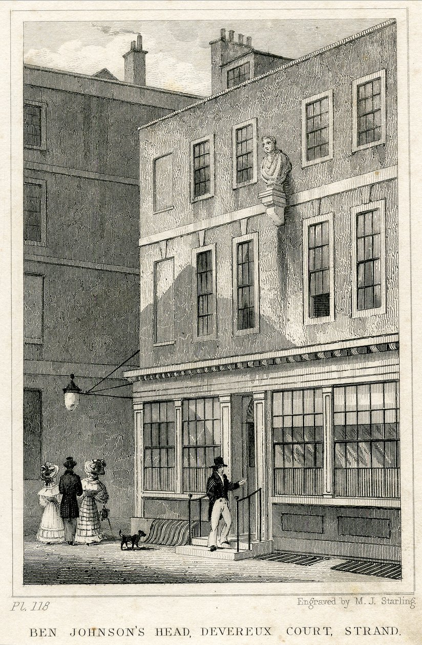 The Grecian Coffee House, Devereux Court, Strand, featuring a bust of Ben Johnson by English School