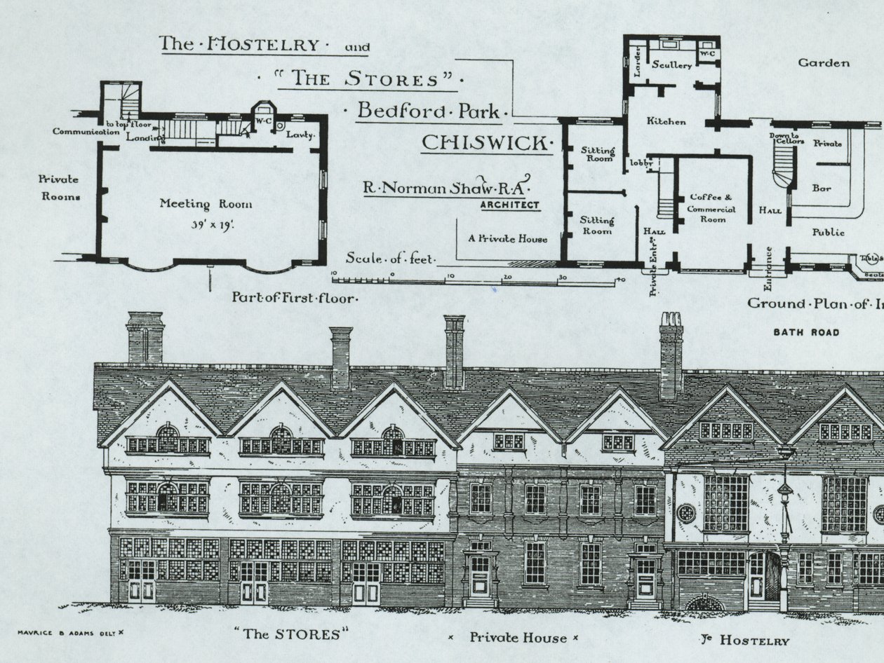 The Hostelry and The Stores, Bedford Park, Chiswick, from The Building News, 1877 by English School