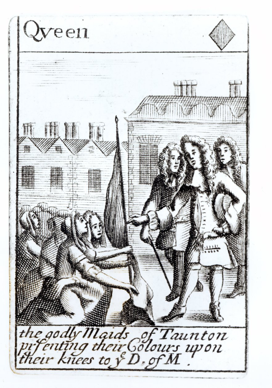 The Maids of Taunton Kneeling before the Duke of Monmouth, 18th June 1685, Queen of Diamonds Playing Card from a Set Commemorating Monmouth