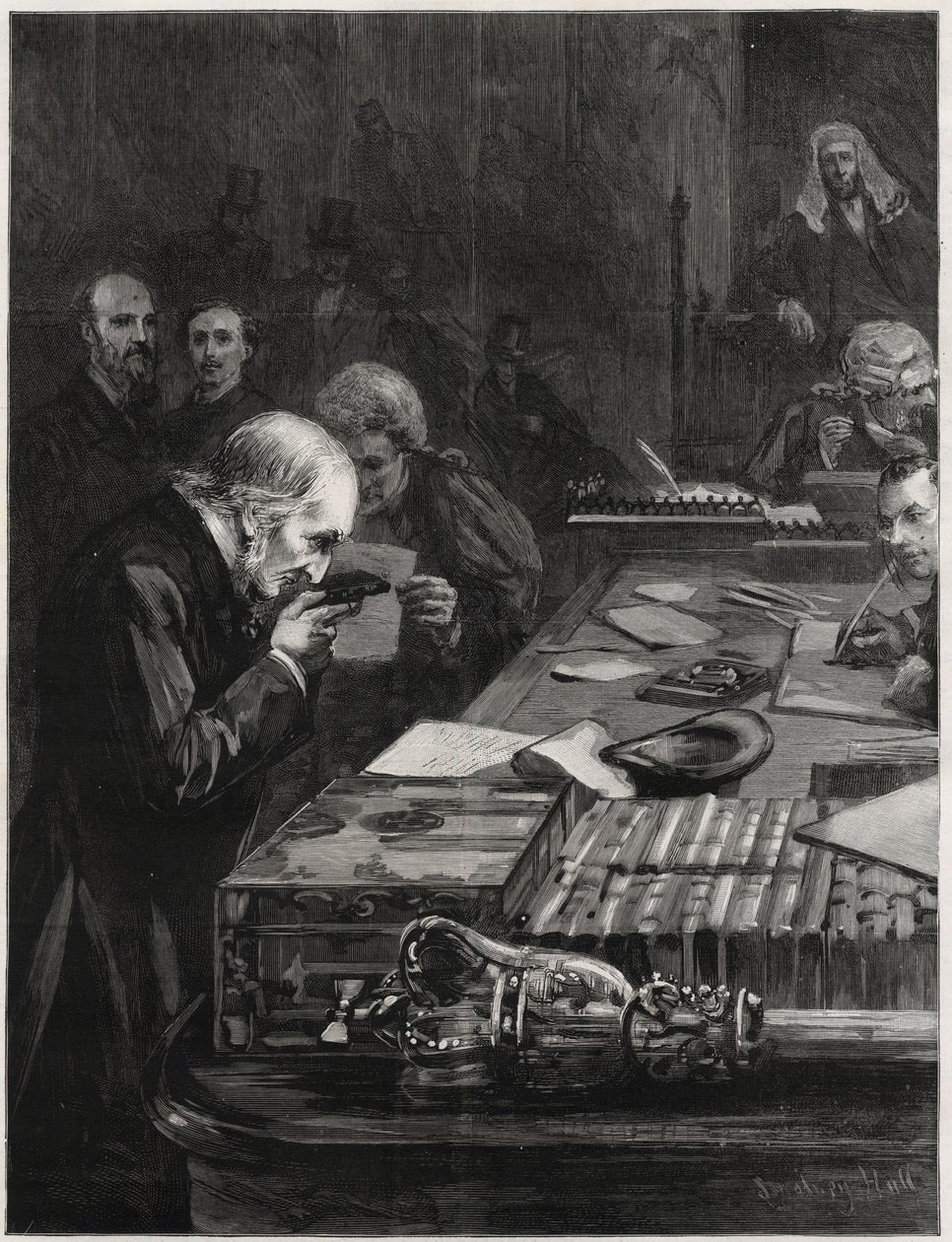 The Opening of Parliament, 31 January 1893, Mr William Ewart Gladstone, supported by Mr Marjoribanks and Mr H Gladstone, taking the Oath (Illustration for The Graphic) by English School