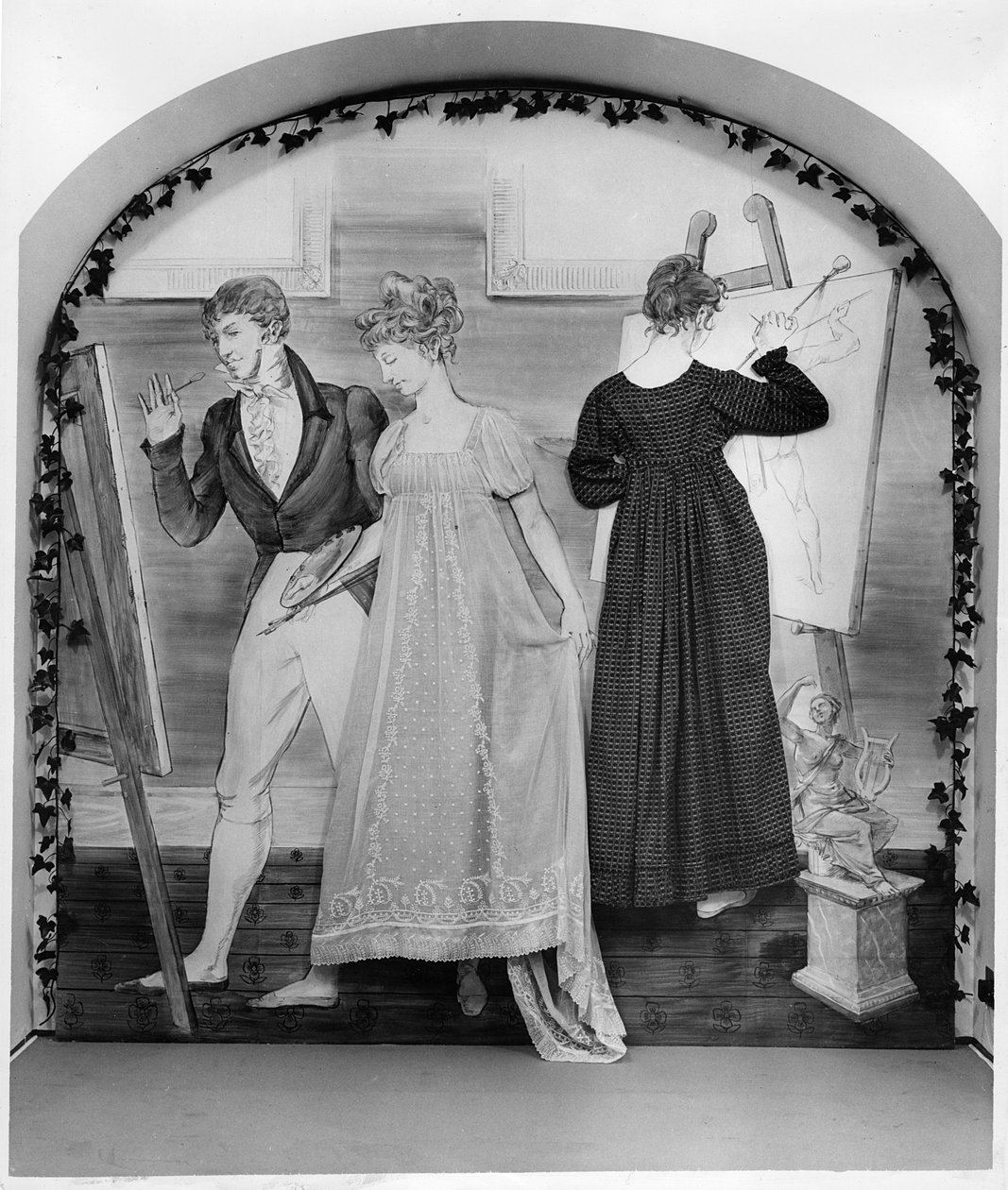 The Painting Lesson, Part of a Display at the Fashion Museum Featuring Two Day Dresses, Early 19th Century by English School