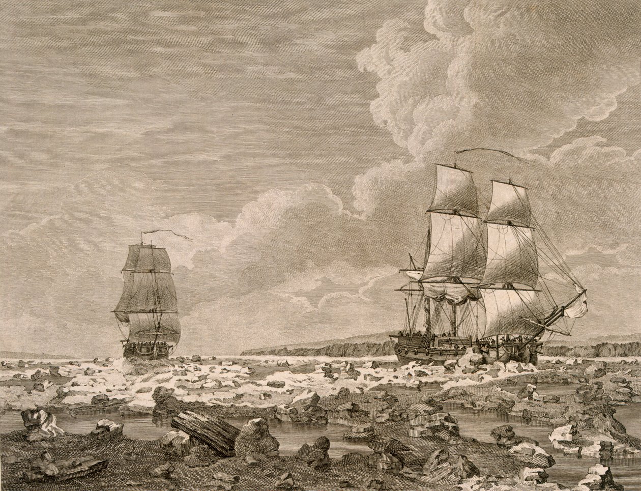 The Racehorse and Carcass forcing through the ice, August 10th 1773, from A Voyage Towards the North Pole Undertaken by His Majestys Command 1773, published London 1774 by English School