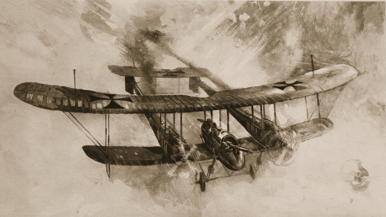 The coming of the big fighting aeroplane: the double-sized German biplane which British airmen have engaged, from The Illustrated War News by English School