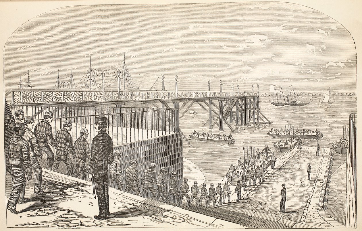 The convicts returning to the hulks from their labour in the Arsenal, illustration from The Criminal Prisons of London and Scenes from Prison Life by Henry Mayhew and John Binny, pub. 1862 by English School