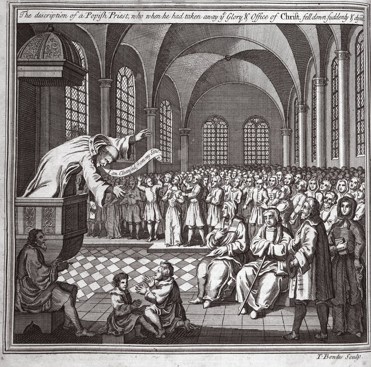 The description of a Popish priest, who when he had taken away the Glory and office of Christ, fell down suddenly and died, illustration from Foxe