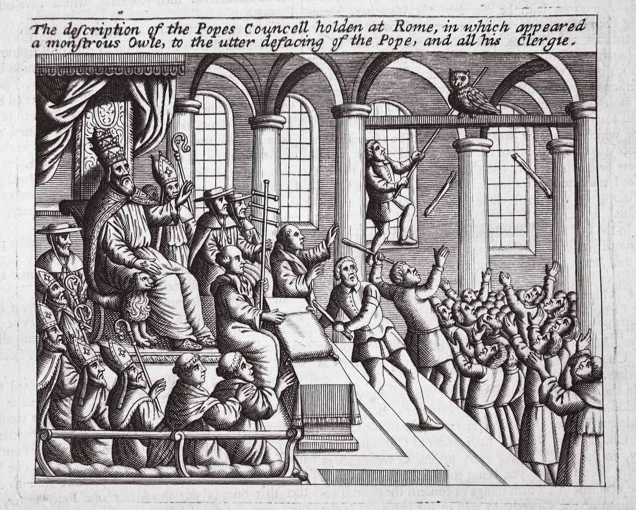 The description of the Popes Council held at Rome, in which appeared a monstrous Owl, to the utter defacing of the Pope, and all his clergy, illustration from Acts and Monuments by John Foxe, ninth edition by English School