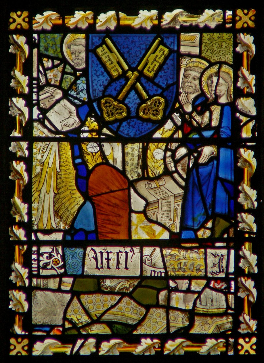 The east window depicting St John, St Peter at the Gate, shield with a symbol of St Peter by English School