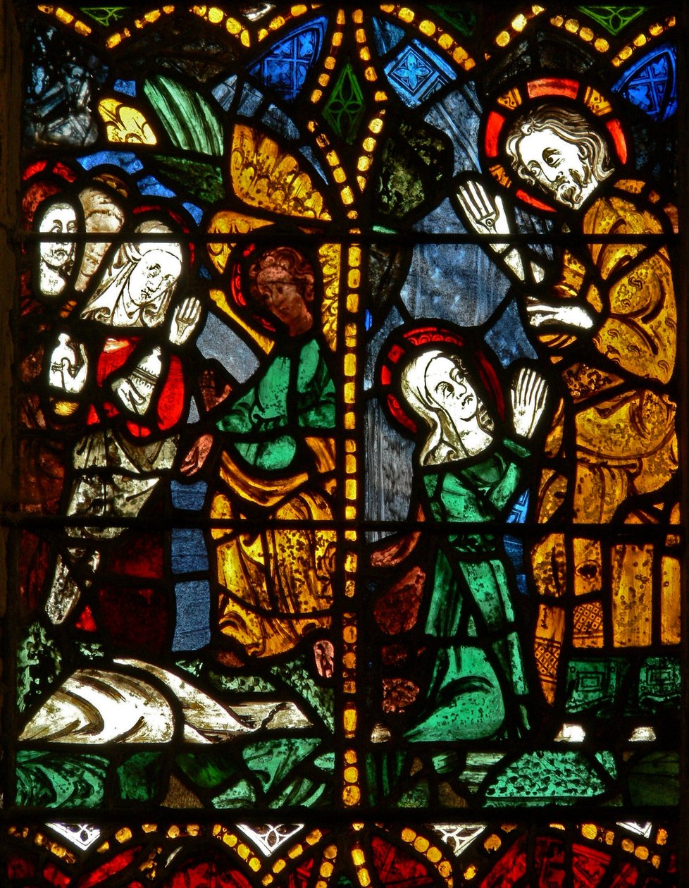 The east window depicting a Resurrection scene: the Holy Women at the Tomb; Mary Magdalene with Christ by English School