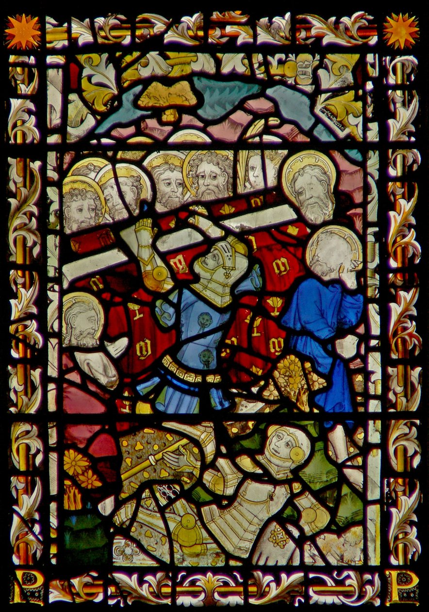 The east window depicting the Funeral of the Virgin Mary and the overturning of the coffin (the Boy from Bourges) by English School