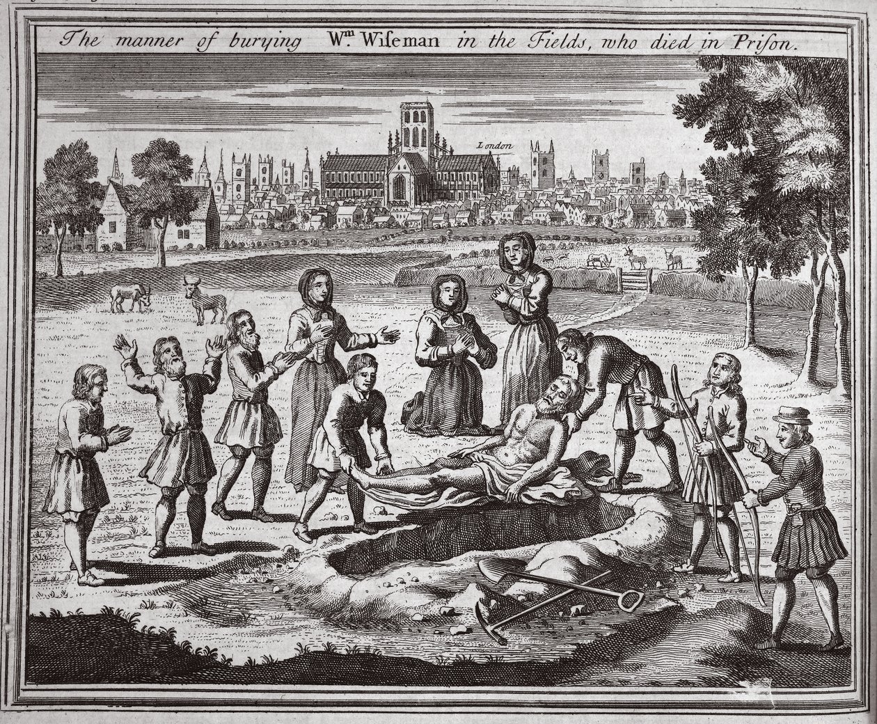 The manner of burying William Wiseman in the fields, who died in prison, illustration from Foxe