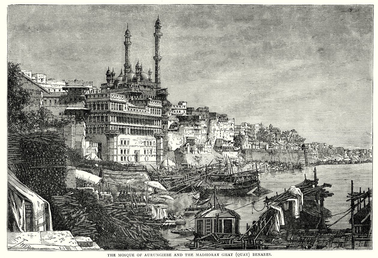 The Mosque of Aurungzebe and the Madhoray Ghat, Benares by English School