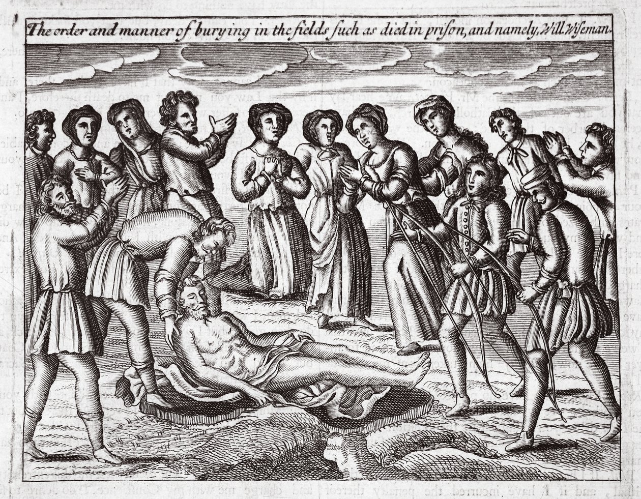 The order and manner of burying in the fields such as died in prison, and namely, Will Wiseman, illustration from Acts and Monuments by John Foxe, ninth edition, published 1684 by English School