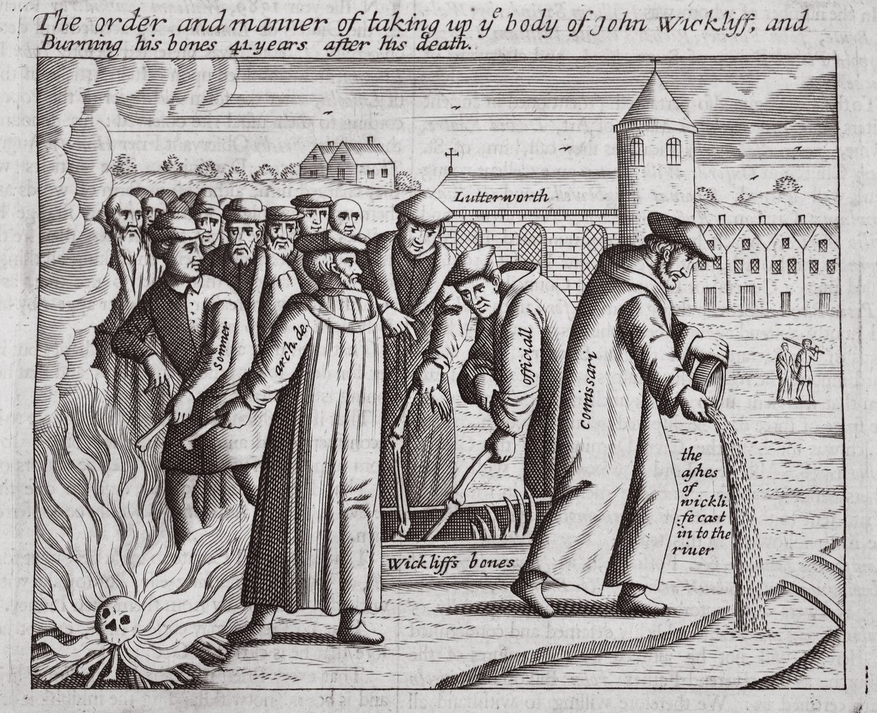 The order and manner of taking up the body of John Wickliff, and burning his bones 44 years after his death, illustration from Acts and Monuments by John Foxe, ninth edition, pub. 1684 by English School