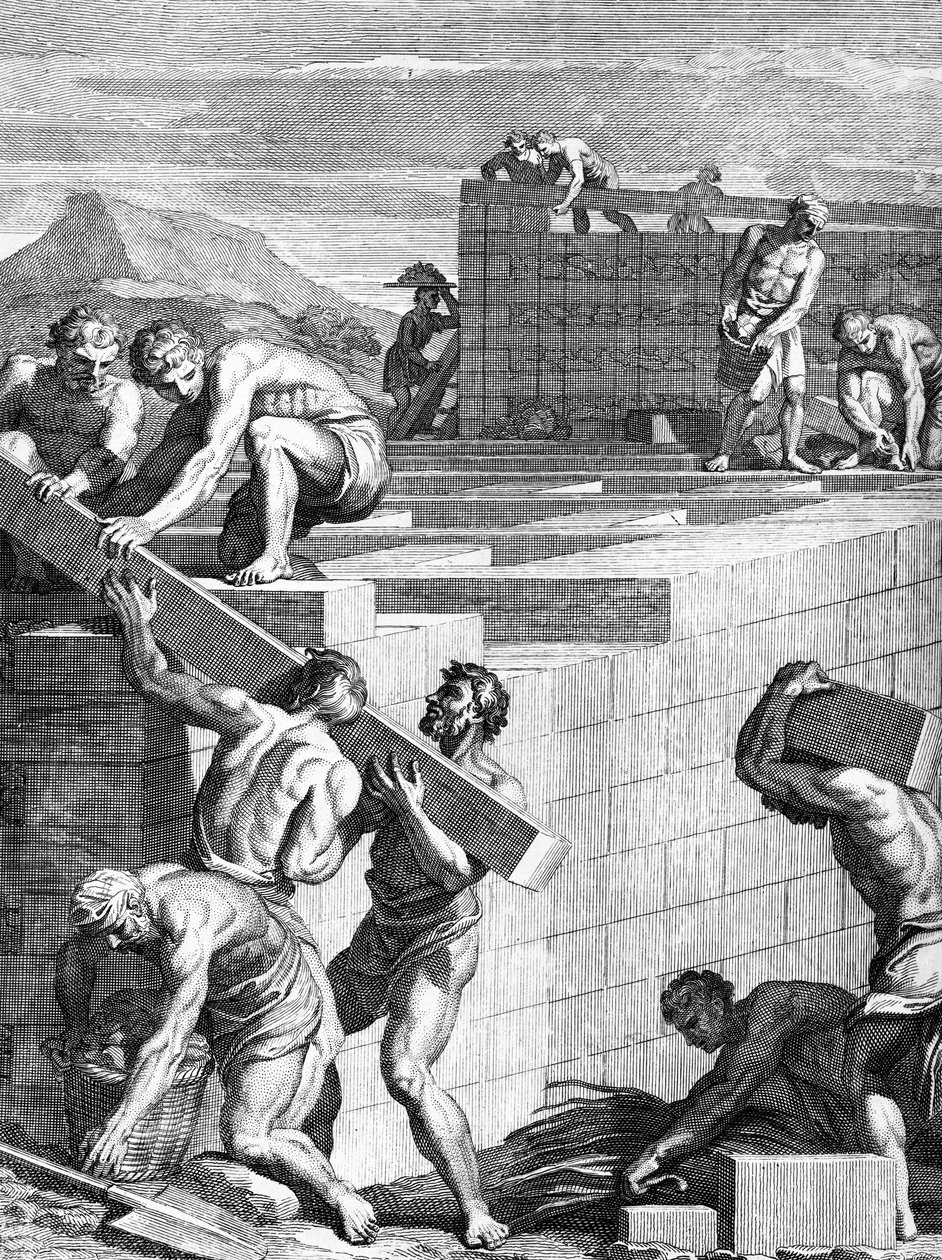 The walls of towns among the Gauls are built of alternative courses of Stones and Beams, engraved by Cornelis Huyberts, illustration to Caesars Commentaries translated into English by William Duncan by English School
