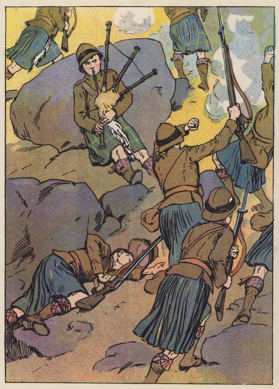 The Wounded Piper Plays the Troops to Victory by English School