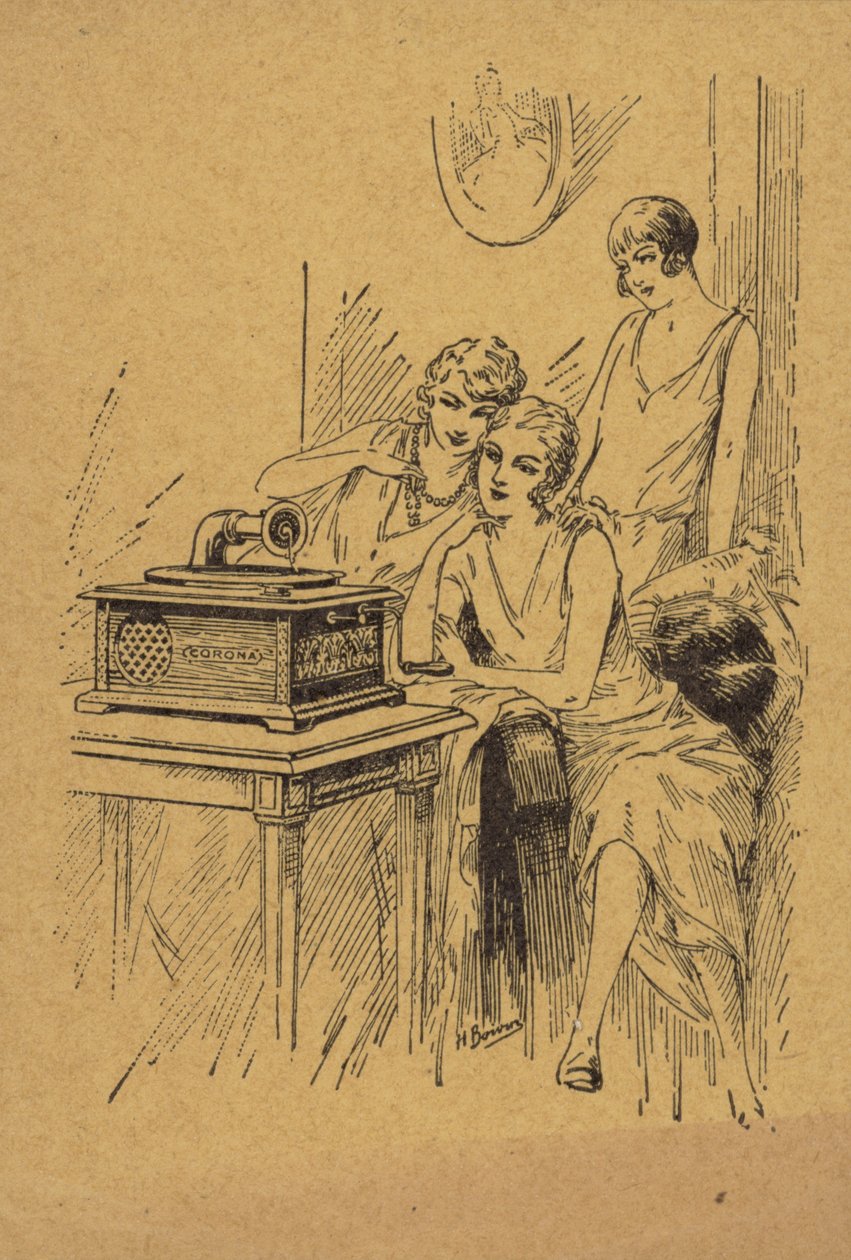 Three Young Women Listening to a Record Player (engraving) by English School