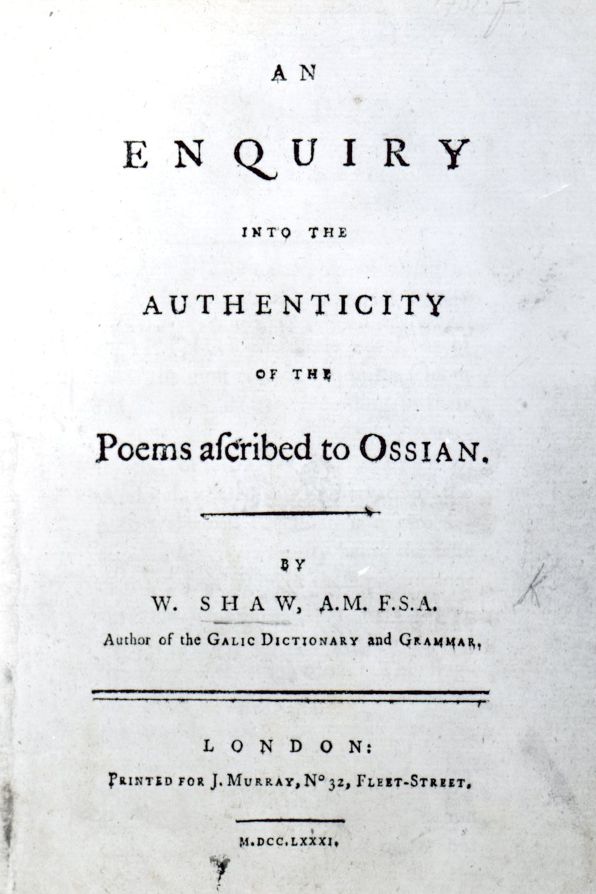 Title Page for An enquiry into the authenticity of the poems ascribed to Ossian by William Shaw, published 1781 by English School