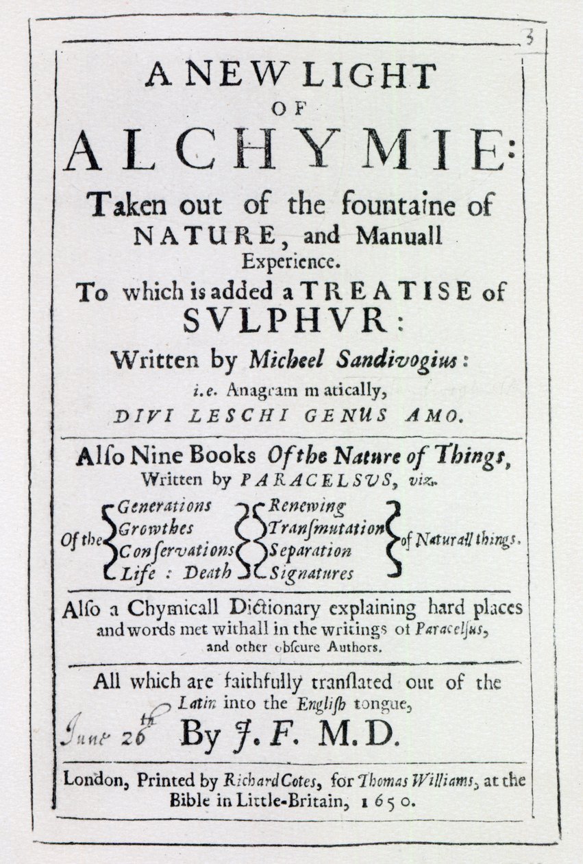 Title page to the English edition of A New Light on Alchemy by Michal Sedziwoj, 1650 by English School