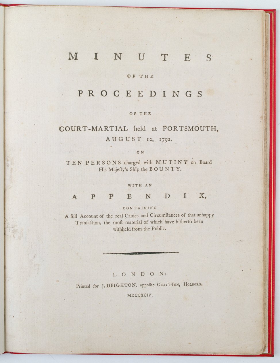 Titlepage of the Minutes of the proceedings of the court-martial held at Portsmouth, August 12, 1792, published in London, 1794 by English School