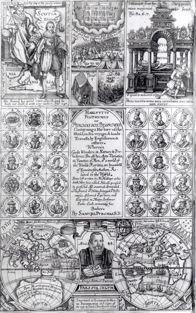 Title page to the first edition of Hakluytus Posthumus or Purchas His Pilgrimes, published 1625 by English School