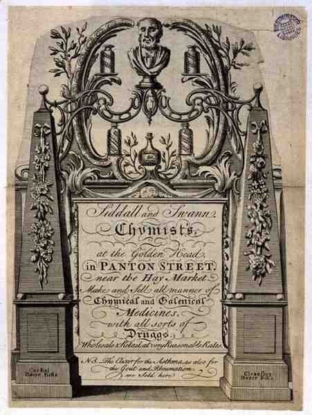 Trade card for Siddall and Swann, Chemists, at the Golden Head, Panton Street, London by English School