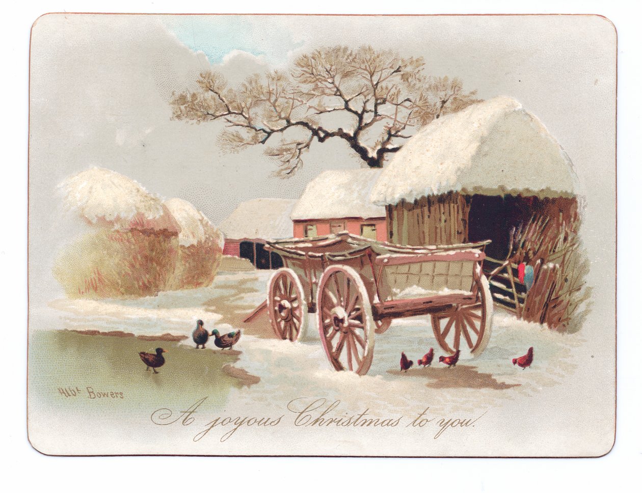Victorian Christmas Card of Ducks and Chicken Near a Pond in a Farmyard, c.1880 by English School