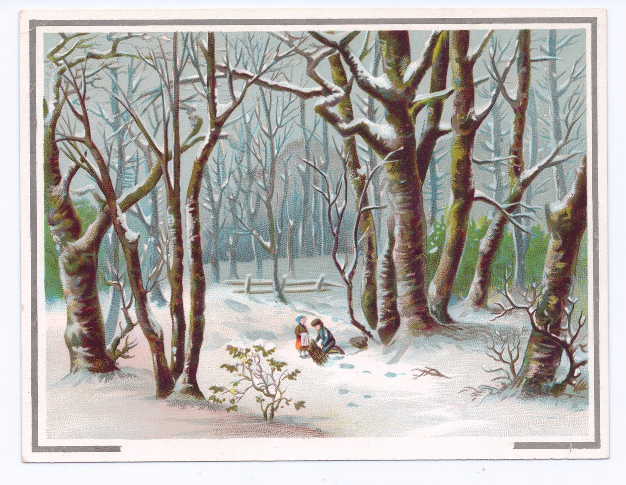 Victorian Greeting Card of Two Children Gathering Branches in the Snow, c.1880 by English School