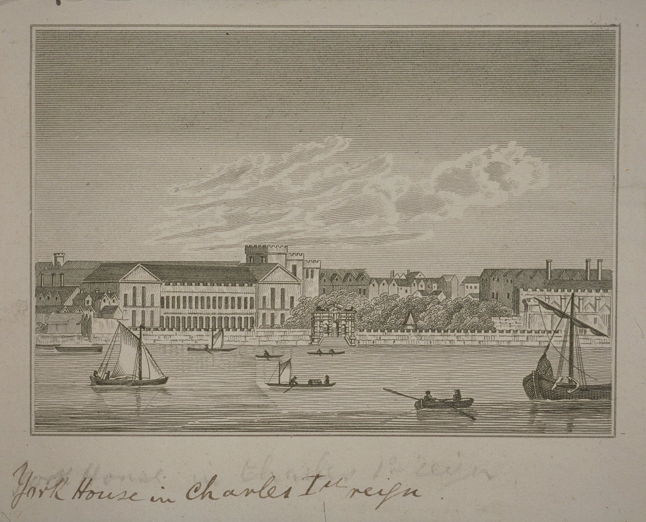 View north across the River Thames, looking towards York House and York Buildings by English School