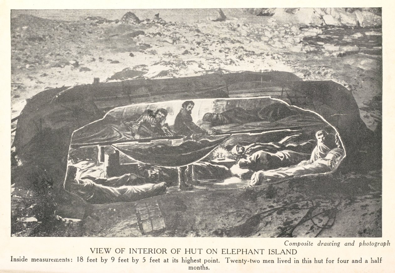 View of interior of hut on Elephant island, from 