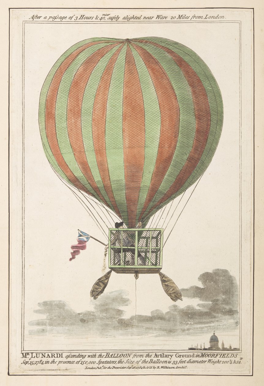 Vincent Lunardi airborne after his ascent from Moorfields, September 1784 (coloured engraving) by English School