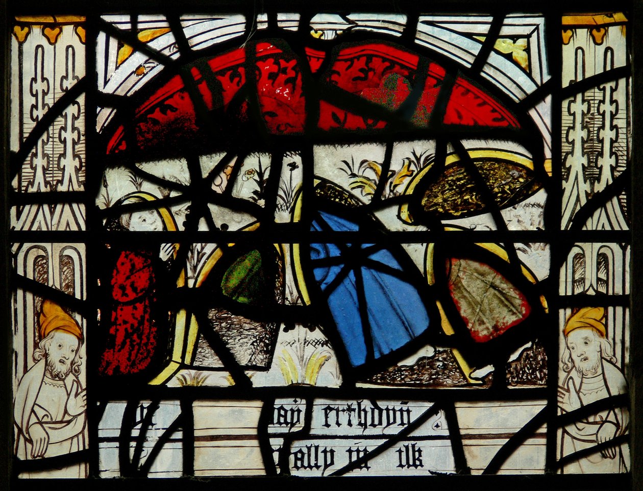 Window N3 depicting the Last Fifteen Days of the World (the Pryke of Conscience window): People try to escape by hiding in holes by English School