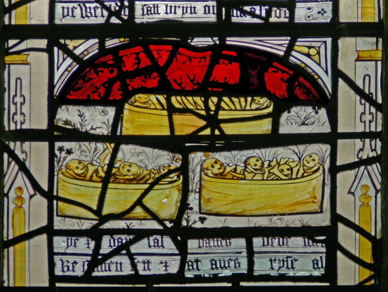 Window N3 depicting the Last Fifteen Days of the World (the Pryke of Conscience window): the bones of the dead emerge from their coffins by English School