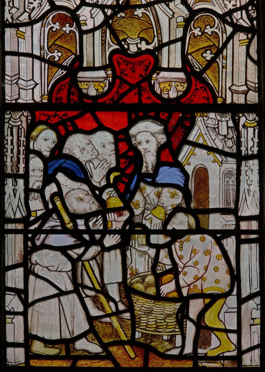 Window N4 depicting the Works of Mercy: feeding the hungry by English School
