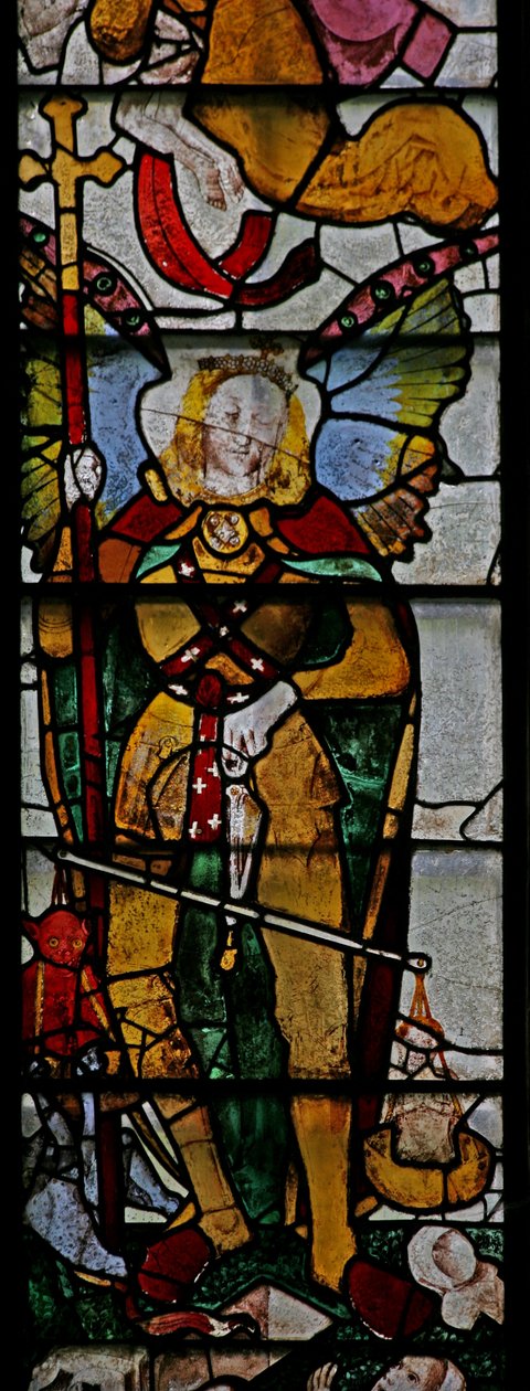 Window Ww depicting a scene from the Last Judgement: St Michael and other details by English School