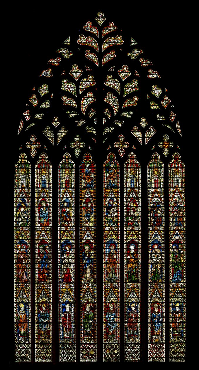 Window Ww depicting archbishops, Apostles, the Annunciation, Nativity, Resurrection, Ascension, Coronation of the Virgin by English School