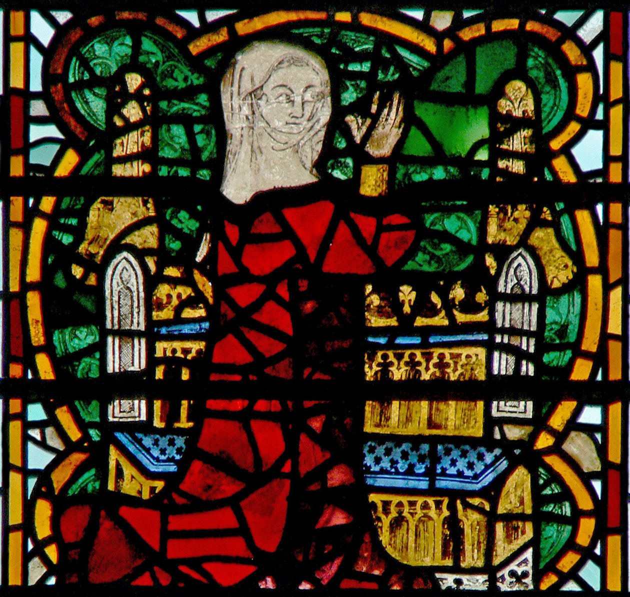 Window depicting a pilgrim at shrine by English School