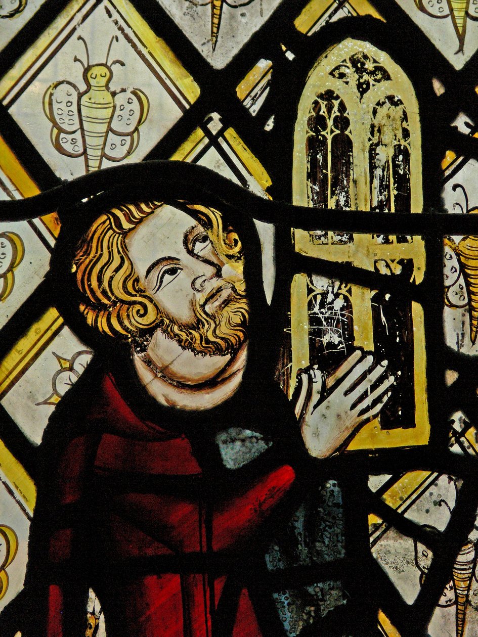 Window depicting a donor - Robert Skelton giving the window; the quarries with butterflies by English School