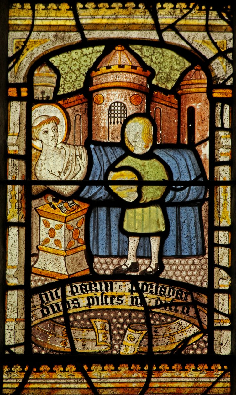Window 5 depicting St Neot receives the two fish by English School