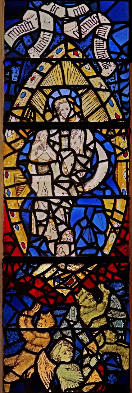 Window depicting the Woman Clothed with the Sun and with the moon under her feet with the Man-child in the Book of Revelation; with jewels of inset glass by English School