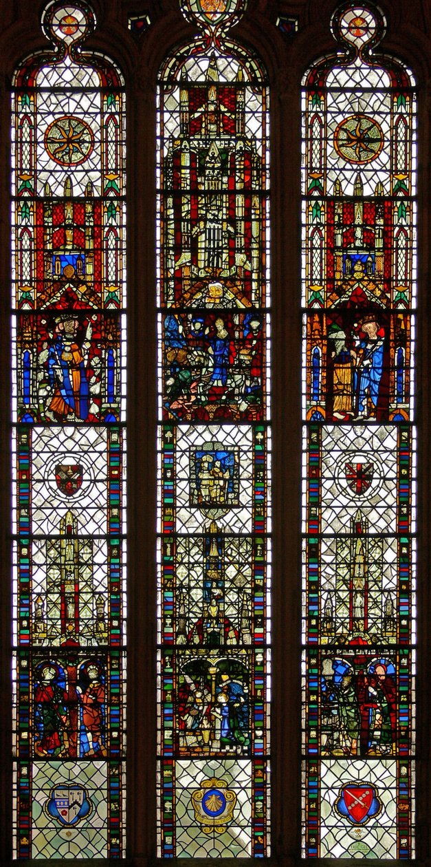 Window w31 depicting a composite window with St Edmund, St William, St George, Annunciation, Adoration of the Magi by English School