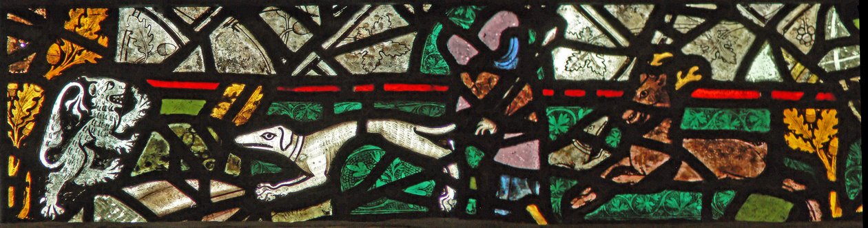 Window w40 depicting a border panel with stag, dog and lion by English School