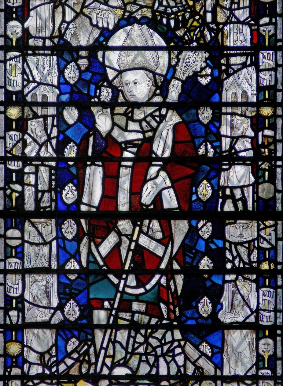 Window depicting St Nicholas; border with figures by English School