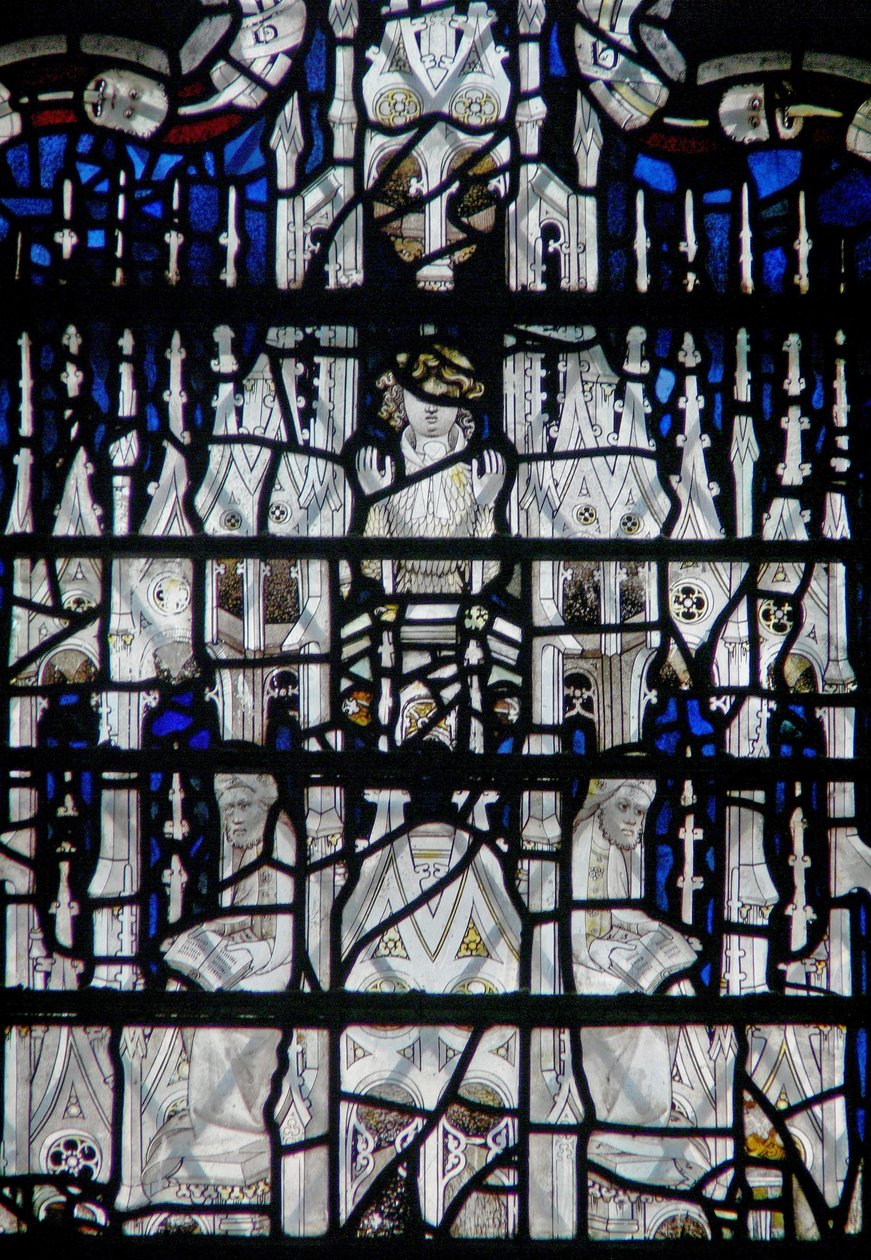 Window depicting a canopy with figures by English School