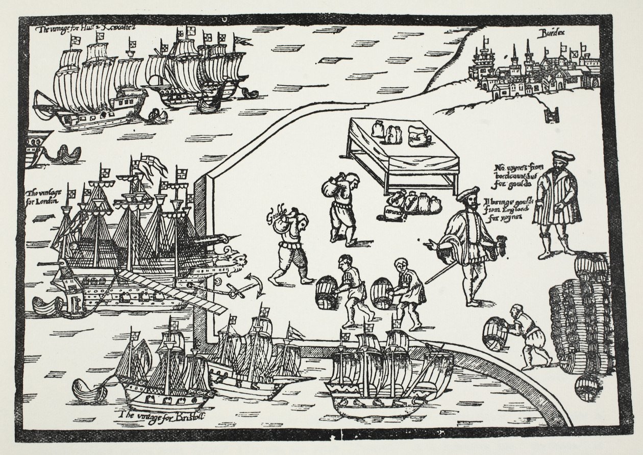 Woodcut illustrating the wine trade between Bordeaux and England by English School