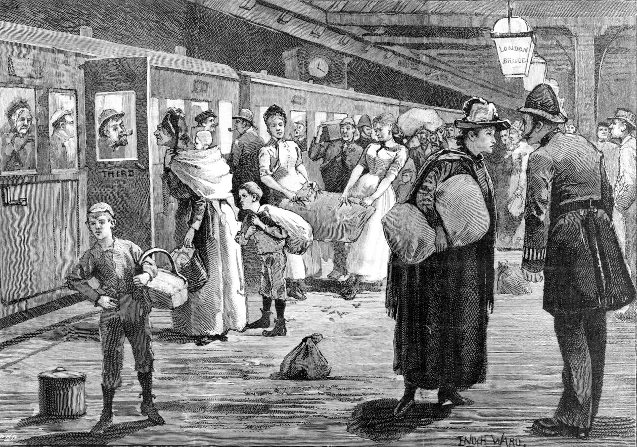 Hop-pickers Starting from London Bridge Railway Station at Midnight, 1891 by Enoch Ward